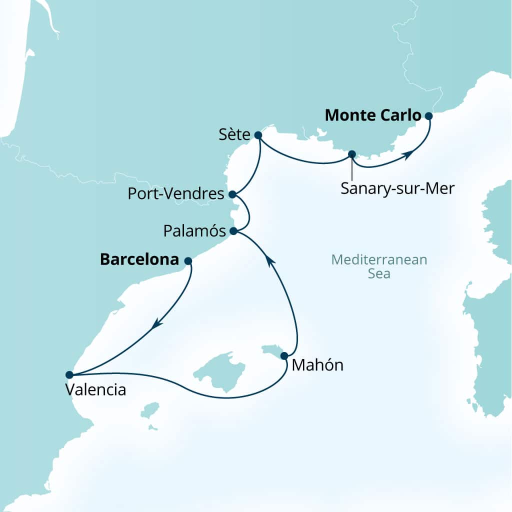 Seabourn Ovation 8-day Barcelona, Spain to Monte Carlo, Monaco itinerary map, July 15-23 2027