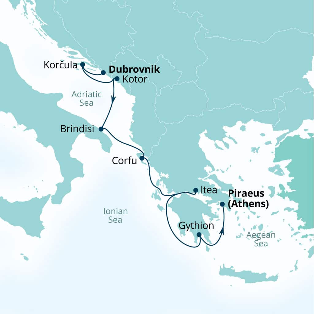 Seabourn Ovation 8-day Dubrovnik, Croatia to Piraeus (Athens), Greece itinerary map, August 6-14 2027