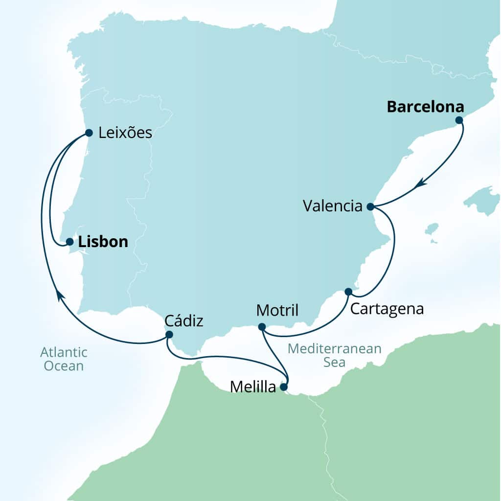 Seabourn Ovation 8-day Barcelona, Spain to Lisbon, Portugal itinerary map, November 6-14 2027