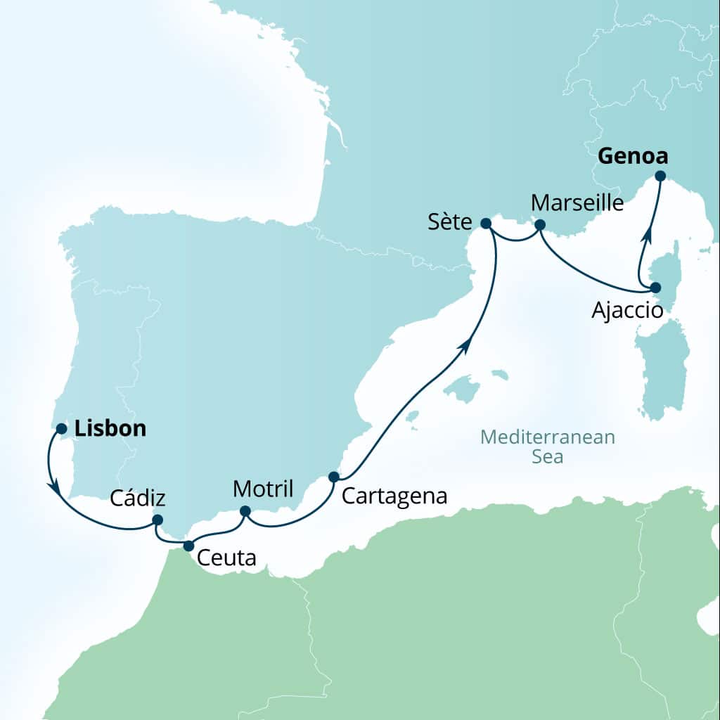 Seabourn Ovation 10-day Lisbon, Portugal to Genoa, Italy itinerary map, April 8-18 2027