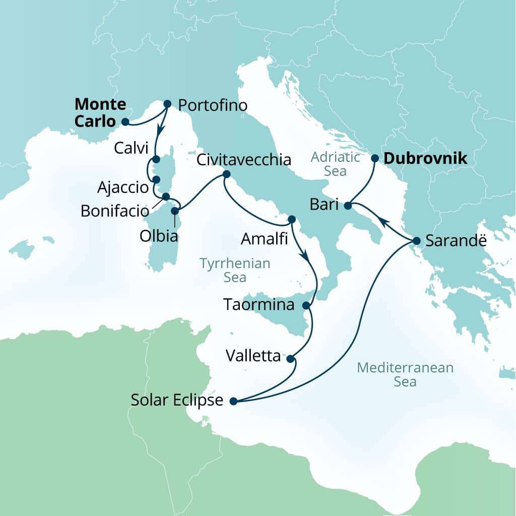 Seabourn Ovation 14-day Monte Carlo, Monaco to Dubrovnik, Croatia itinerary map, July 23-August 6 2027