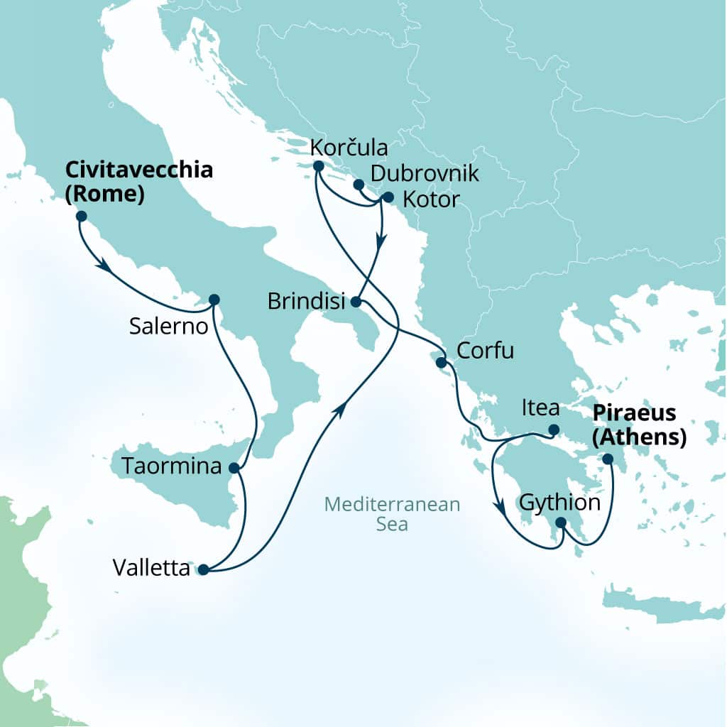 Seabourn Ovation 14-day Civitavecchia (Rome), Italy to Piraeus (Athens), Greece itinerary map, May 8-22 2027