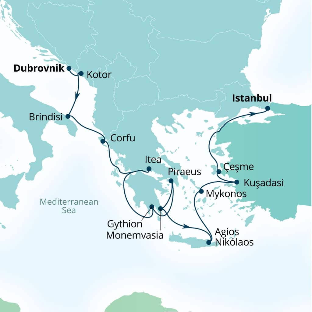 Seabourn Ovation 14-day Dubrovnik, Croatia to Istanbul, Turkey itinerary map, May 15-29 2027