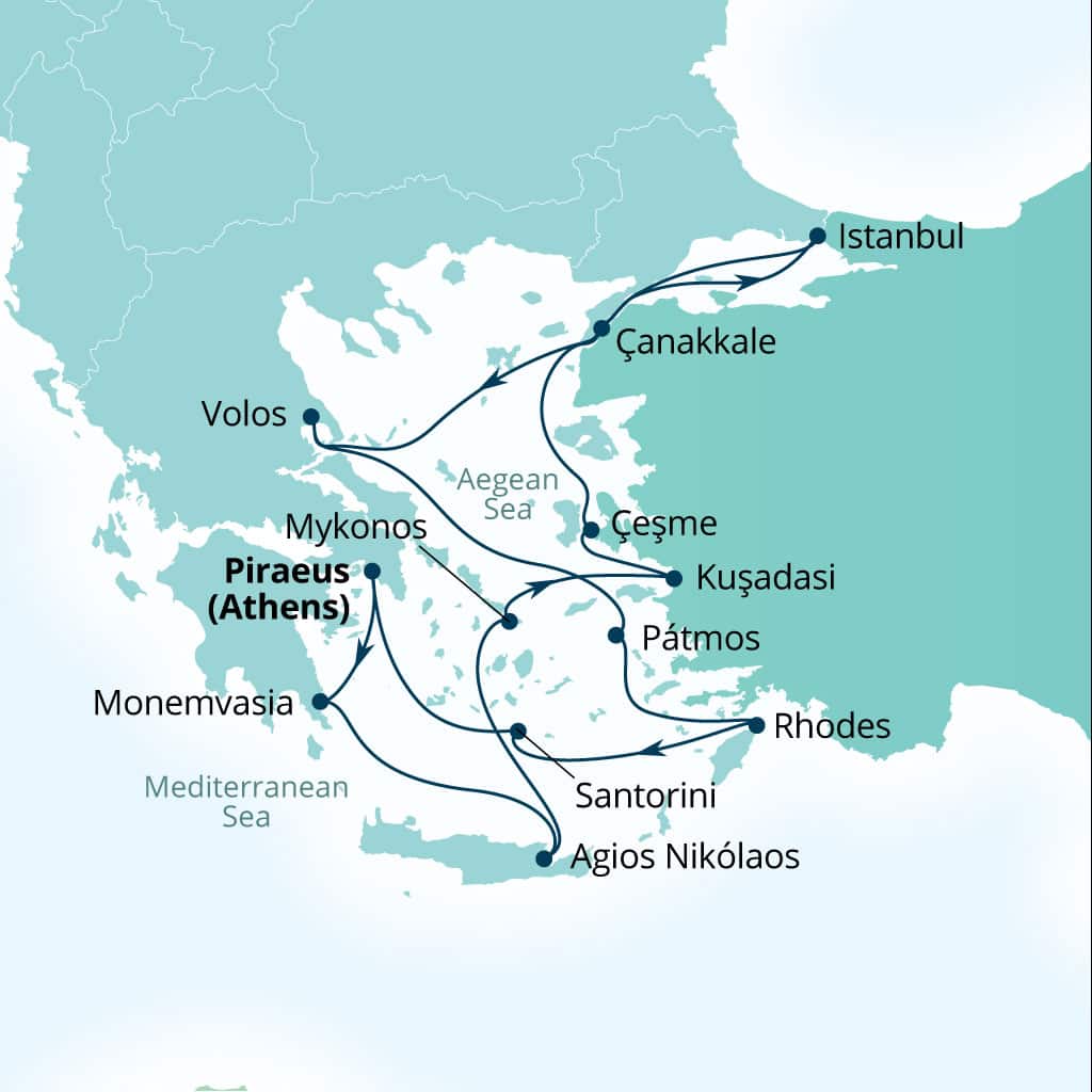 Seabourn Ovation 14-day Piraeus (Athens), Greece to Piraeus (Athens), Greece itinerary map, August 14-28 2027