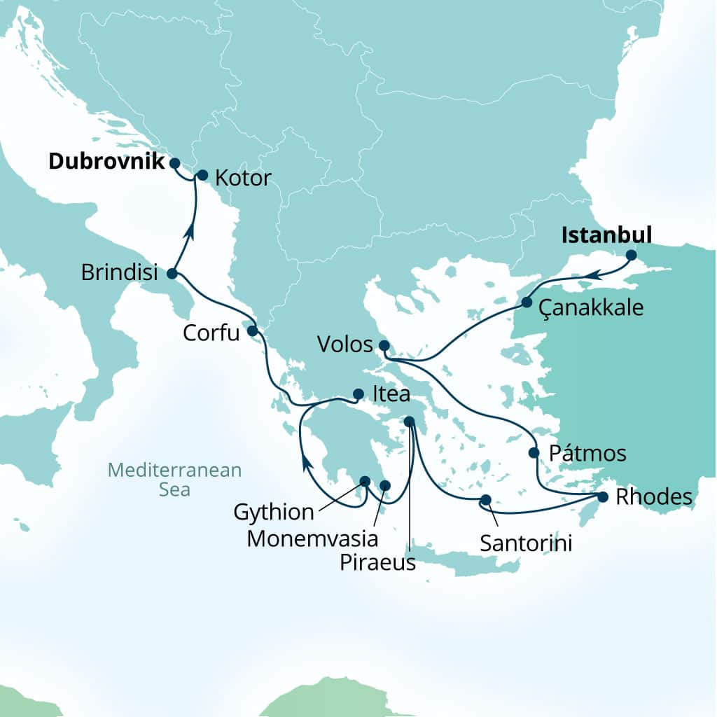 Seabourn Ovation 14-day Istanbul, Turkey to Dubrovnik, Croatia itinerary map, August 21-September 4 2027