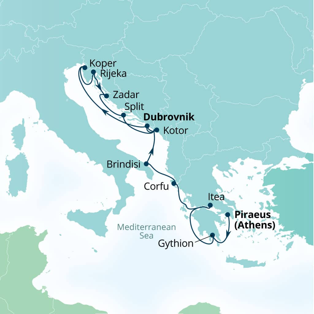 Seabourn Ovation 14-day Piraeus (Athens), Greece to Dubrovnik, Croatia itinerary map, August 28-September 11 2027