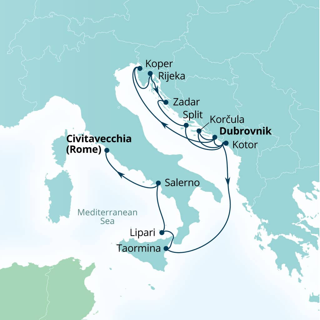 Seabourn Ovation 14-day Dubrovnik, Croatia to Civitavecchia (Rome), Italy itinerary map, September 4-18 2027