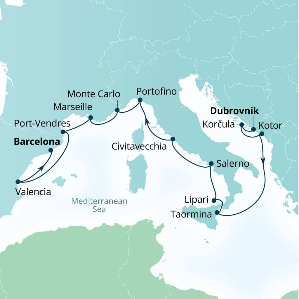 Seabourn Ovation 14-day Dubrovnik, Croatia to Barcelona, Spain itinerary map, September 11-25 2027