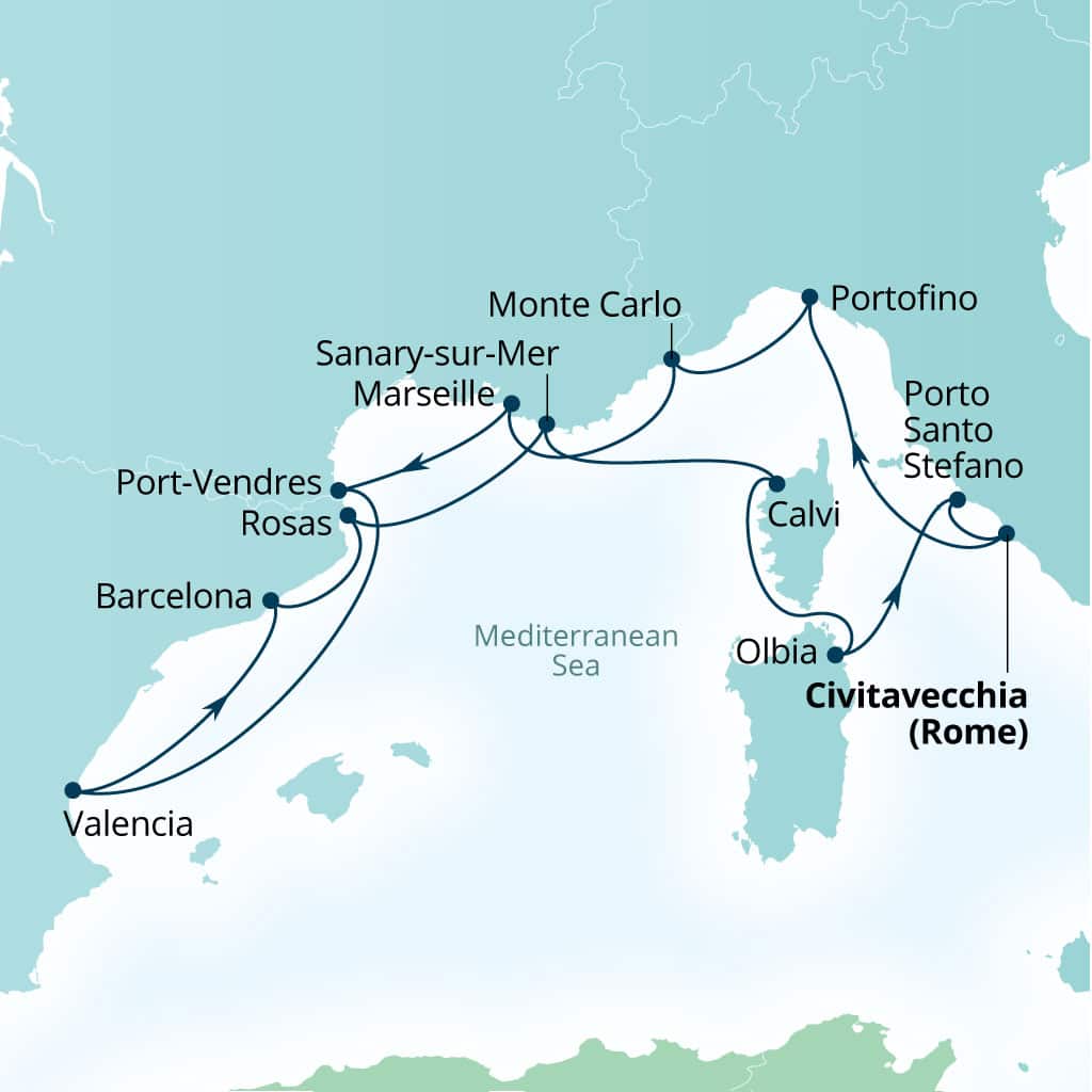 Seabourn Ovation 14-day Civitavecchia (Rome), Italy to Civitavecchia (Rome), Italy itinerary map, September 18-October 2 2027