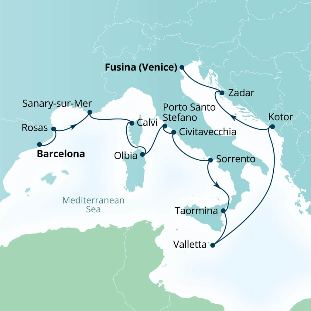 Seabourn Ovation 14-day Barcelona, Spain to Fusina (Venice), Italy itinerary map, September 25-October 9 2027