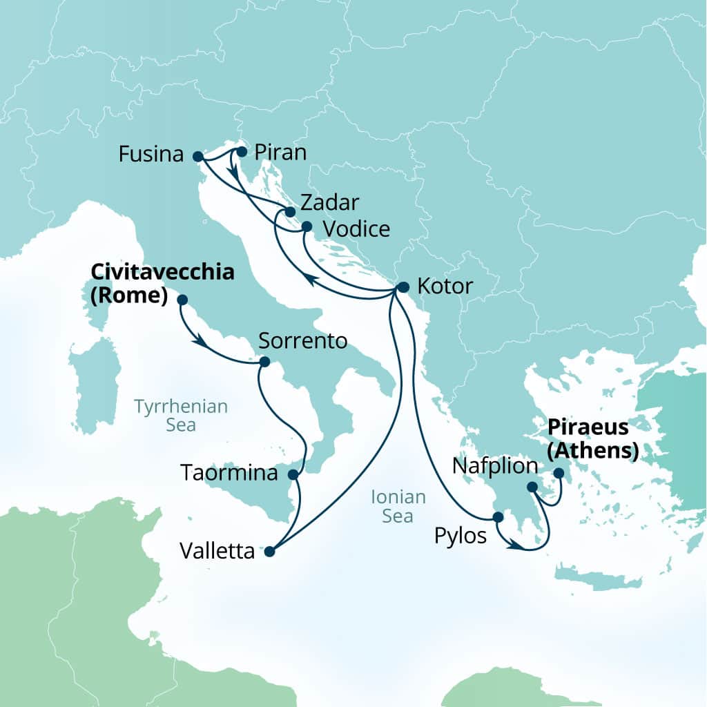 Seabourn Ovation 14-day Civitavecchia (Rome), Italy to Piraeus (Athens), Greece itinerary map, October 2-16 2027