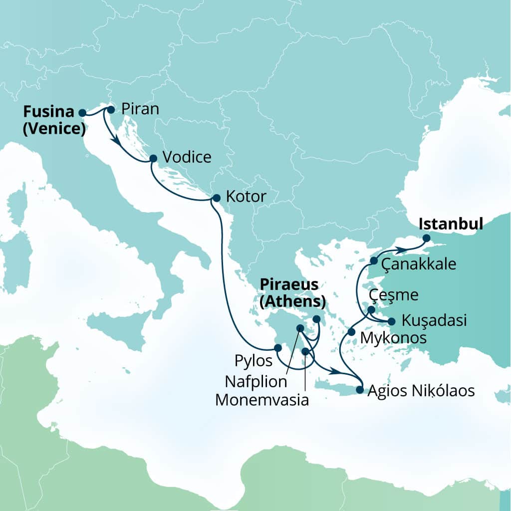 Seabourn Ovation 14-day Fusina (Venice), Italy to Istanbul, Turkey itinerary map, October 9-23 2027