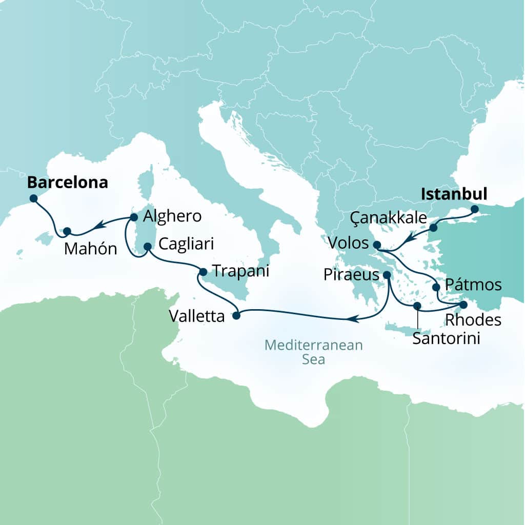 Seabourn Ovation 14-day Istanbul, Turkey to Barcelona, Spain itinerary map, October 23-November 6 2027