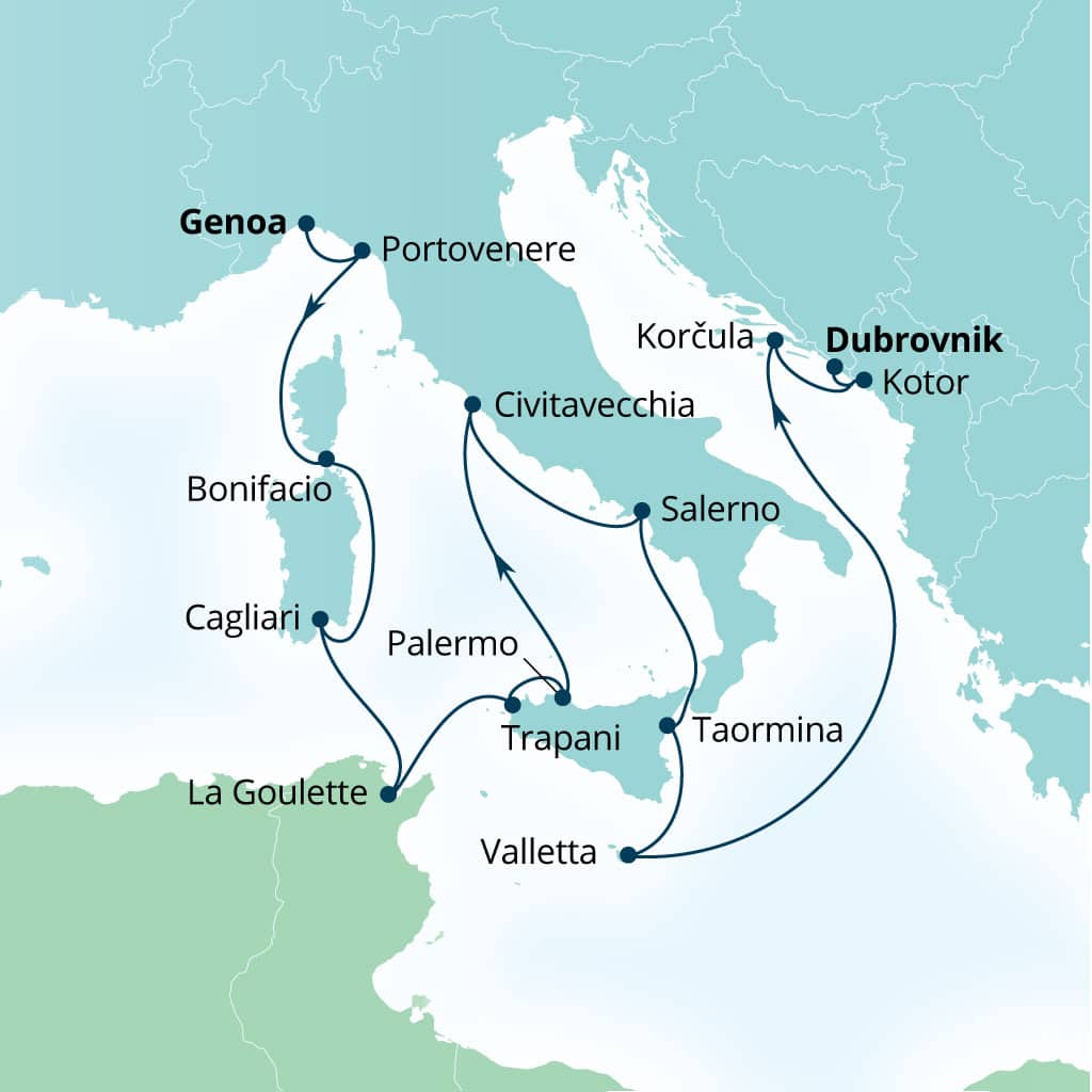 Seabourn Ovation 15-day Genoa, Italy to Dubrovnik, Croatia itinerary map, April 30-May 15 2027