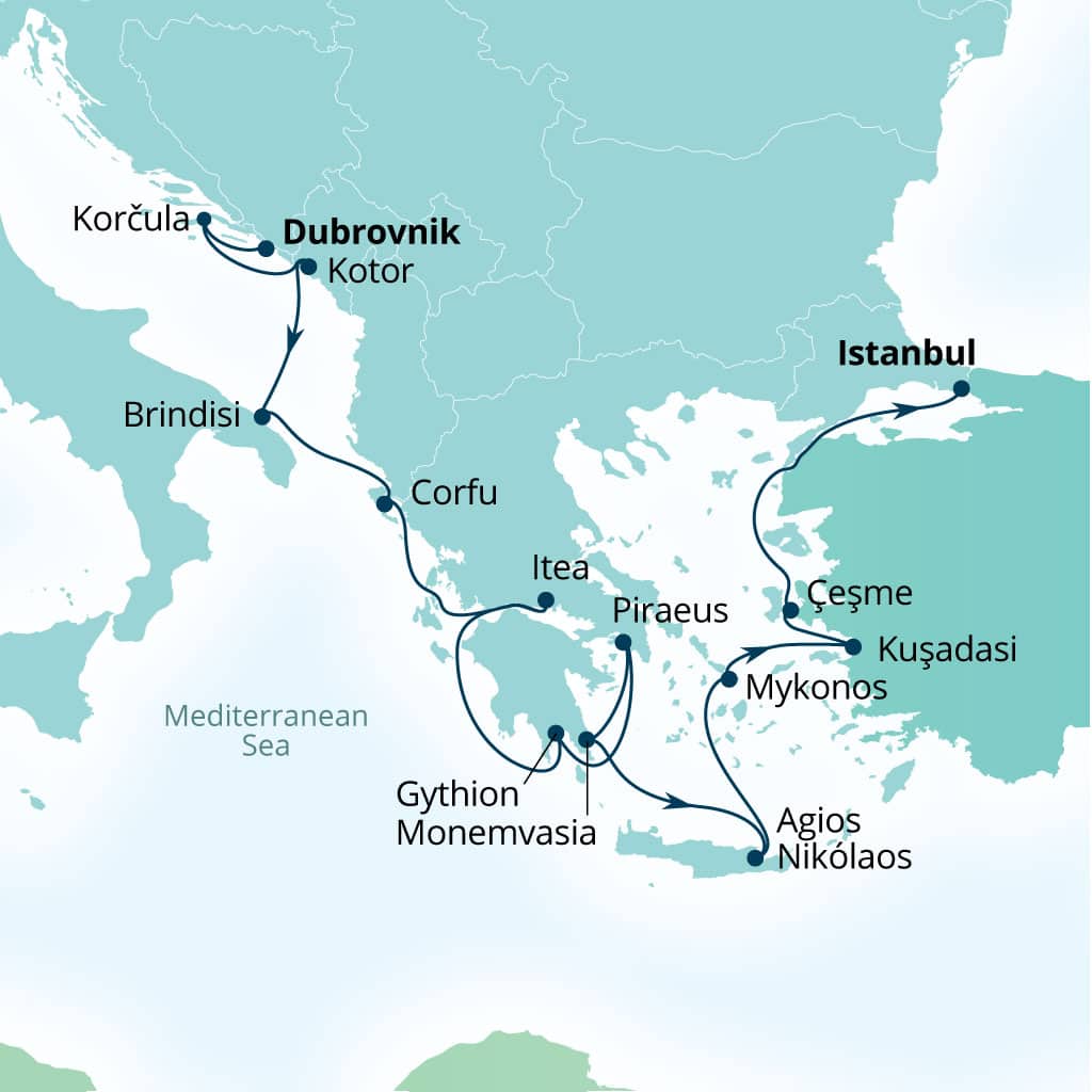Seabourn Ovation 15-day Dubrovnik, Croatia to Istanbul, Turkey itinerary map, August 6-21 2027