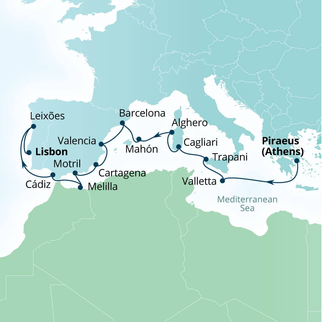 Seabourn Ovation 15-day Piraeus (Athens), Greece to Lisbon, Portugal itinerary map, October 30-November 14 2027