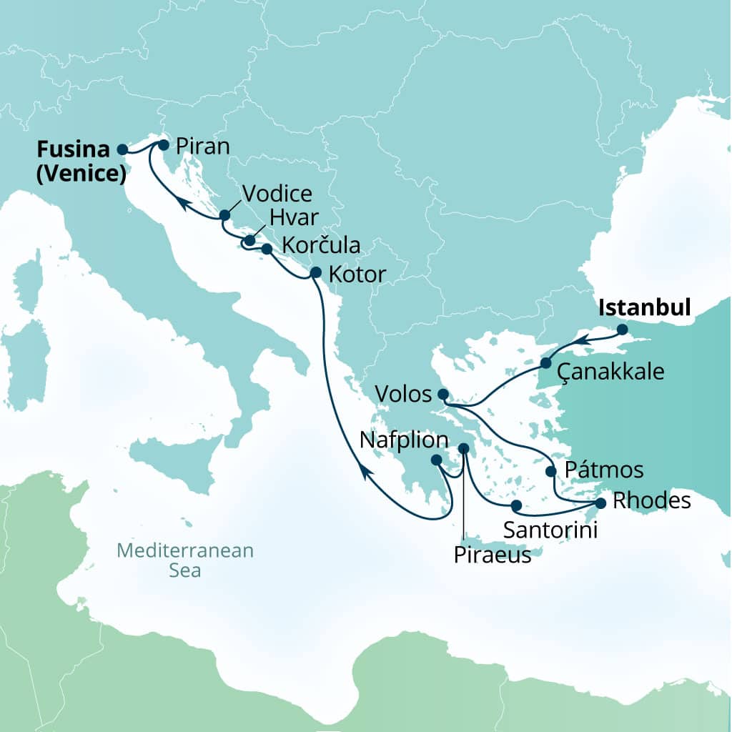 Seabourn Ovation 15-day Istanbul, Turkey to Fusina (Venice), Italy itinerary map, May 29-June 13 2027
