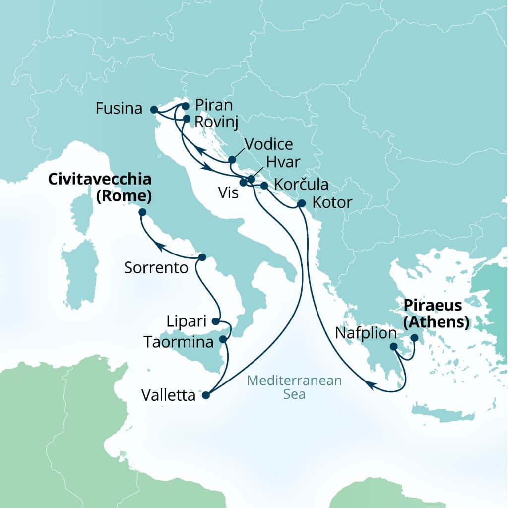 Seabourn Ovation 16-day Piraeus (Athens), Greece to Civitavecchia (Rome), Italy itinerary map, June 5-21 2027
