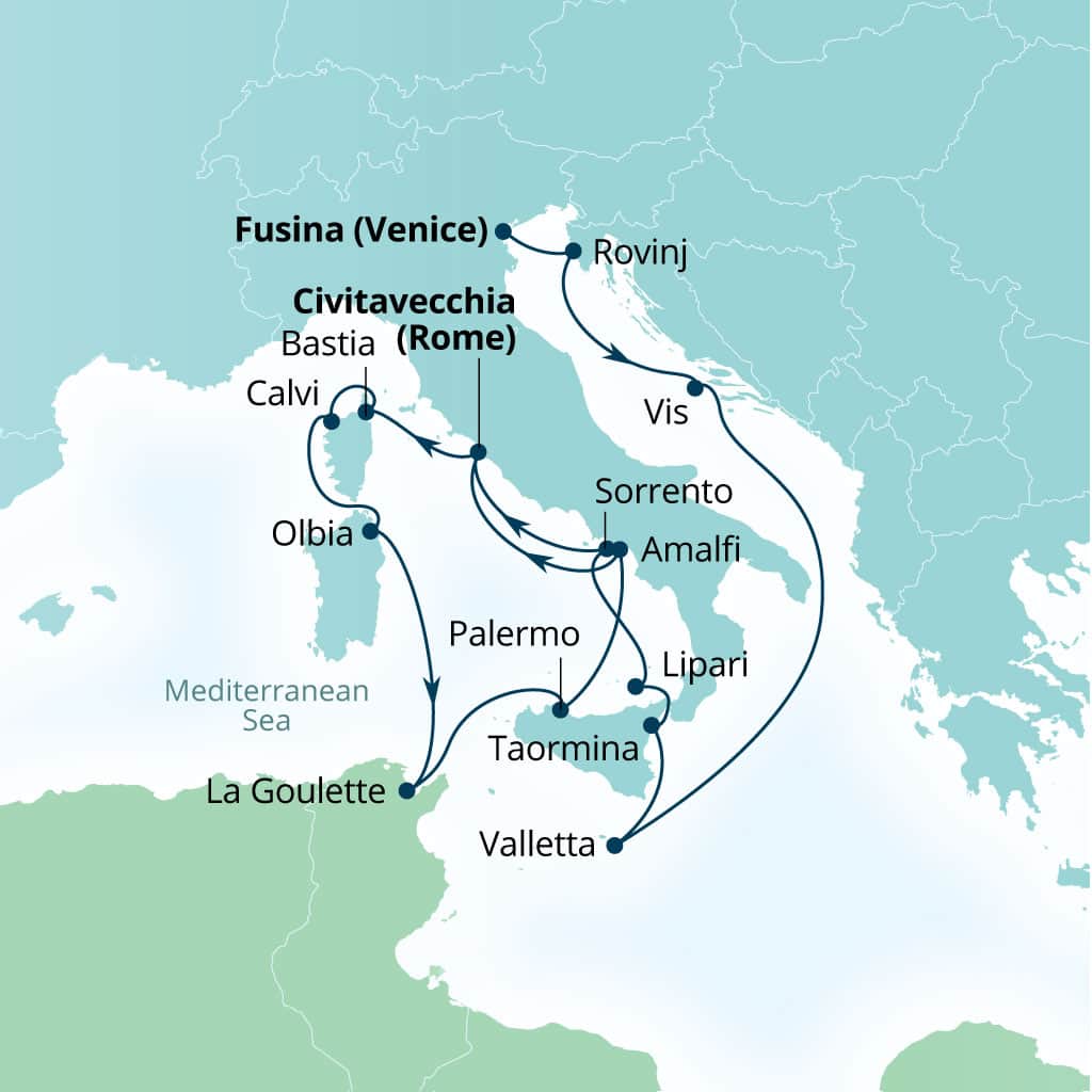 Seabourn Ovation 16-day Fusina (Venice), Italy to Civitavecchia (Rome), Italy itinerary map, June 13-29 2027