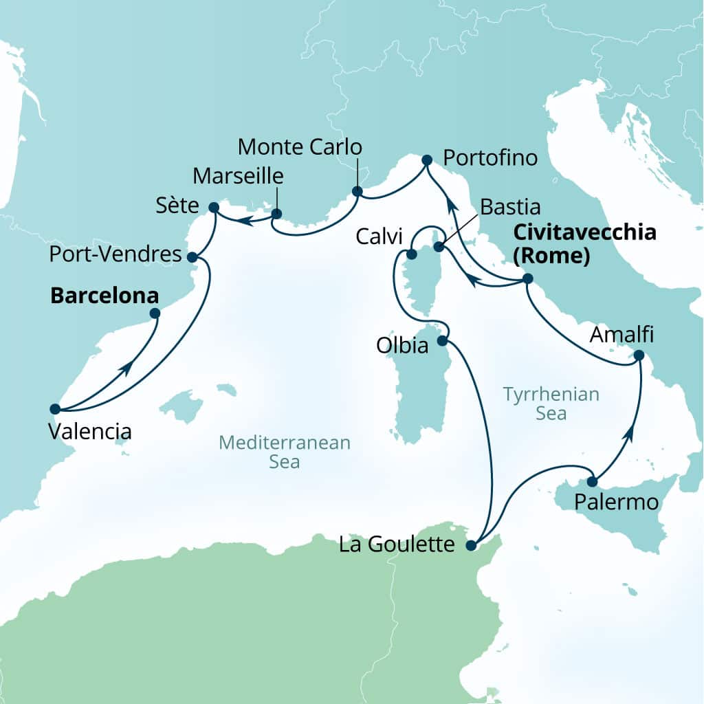 Seabourn Ovation 16-day Civitavecchia (Rome), Italy to Barcelona, Spain itinerary map, June 21-July 7 2027