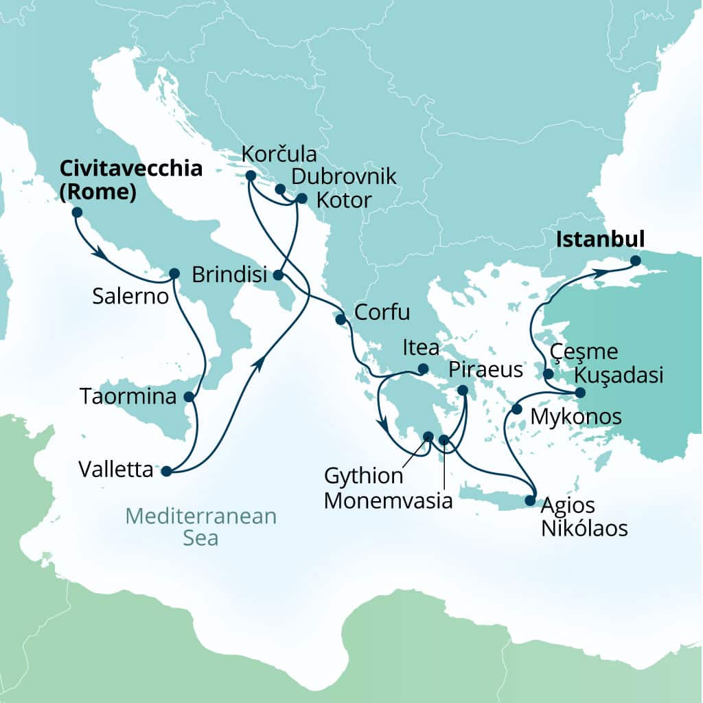 Seabourn Ovation 21-day Civitavecchia (Rome), Italy to Istanbul, Turkey itinerary map, May 8-29 2027