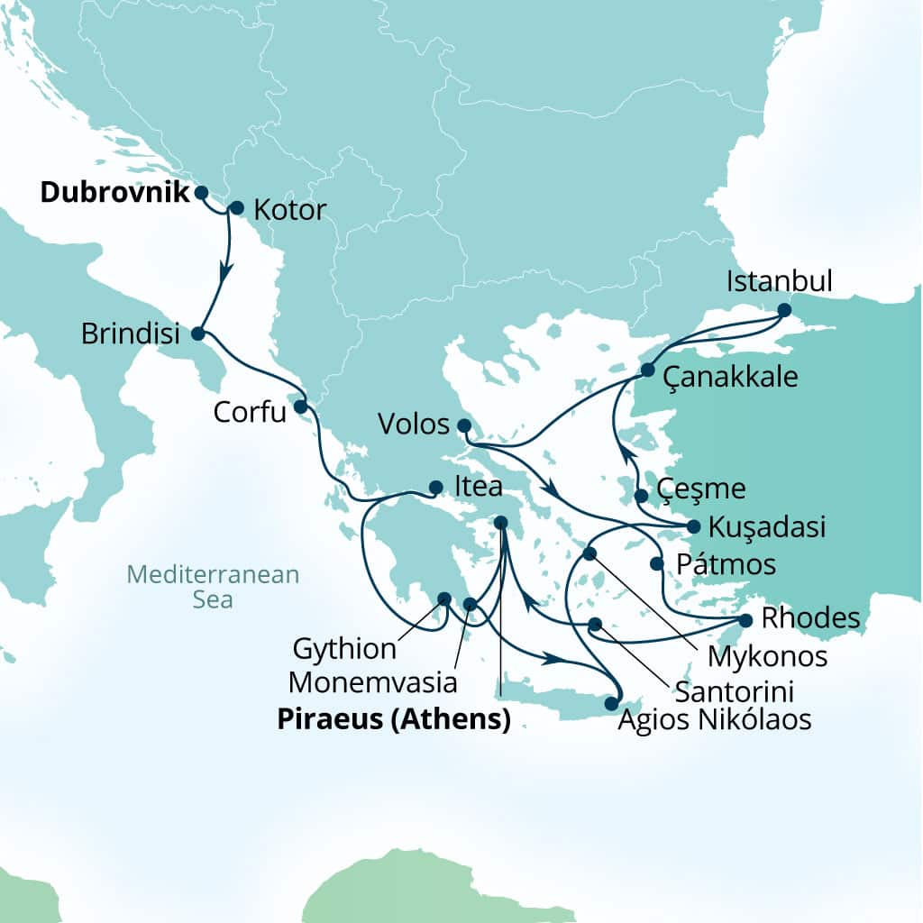 Seabourn Ovation 21-day Dubrovnik, Croatia to Piraeus (Athens), Greece itinerary map, May 15-June 5 2027