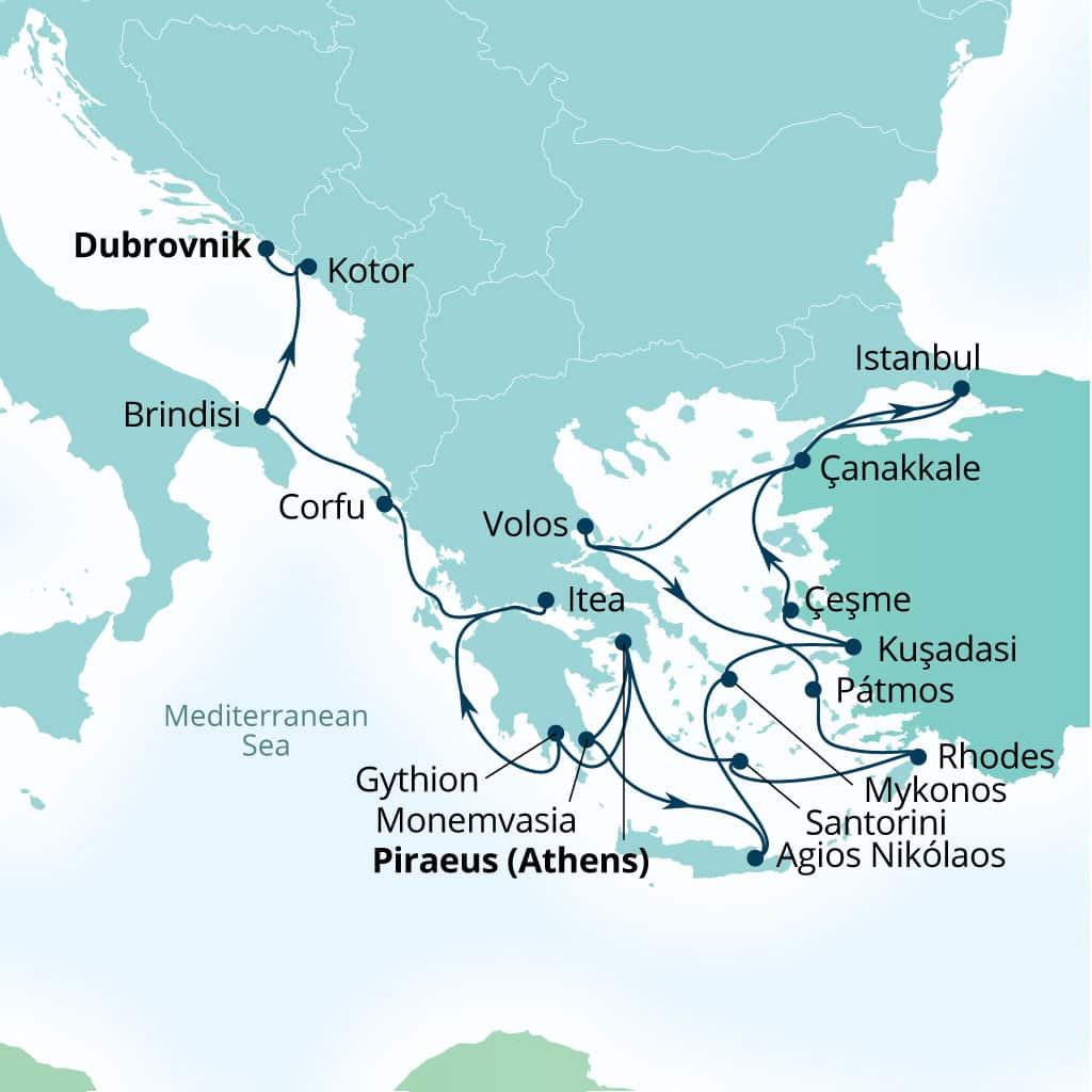 Seabourn Ovation 21-day Piraeus (Athens), Greece to Dubrovnik, Croatia itinerary map, August 14-September 4 2027