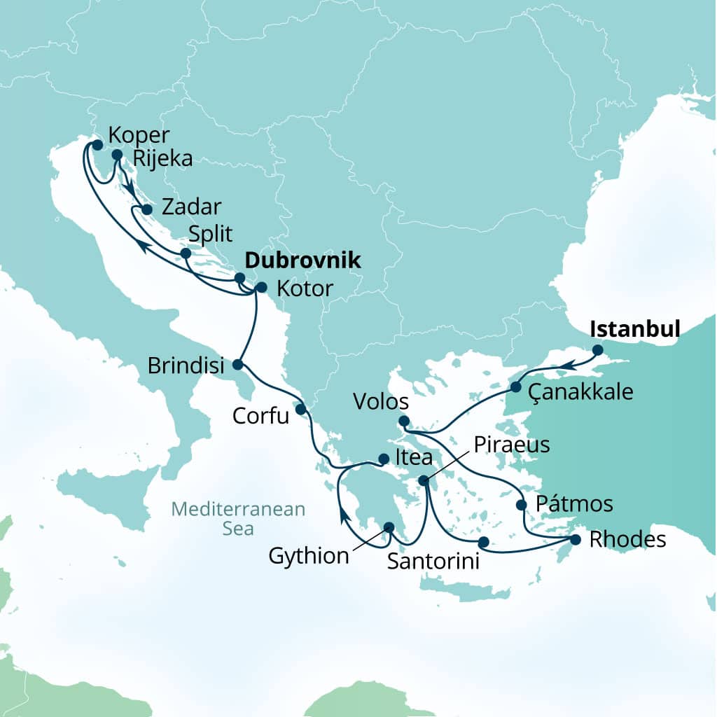 Seabourn Ovation 21-day Istanbul, Turkey to Dubrovnik, Croatia itinerary map, August 21-September 11 2027