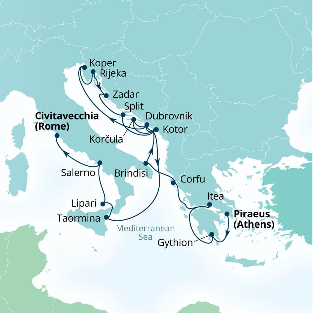 Seabourn Ovation 21-day Piraeus (Athens), Greece to Civitavecchia (Rome), Italy itinerary map, August 28-September 18 2027