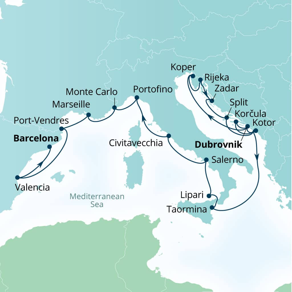 Seabourn Ovation 21-day Dubrovnik, Croatia to Barcelona, Spain itinerary map, September 4-25 2027