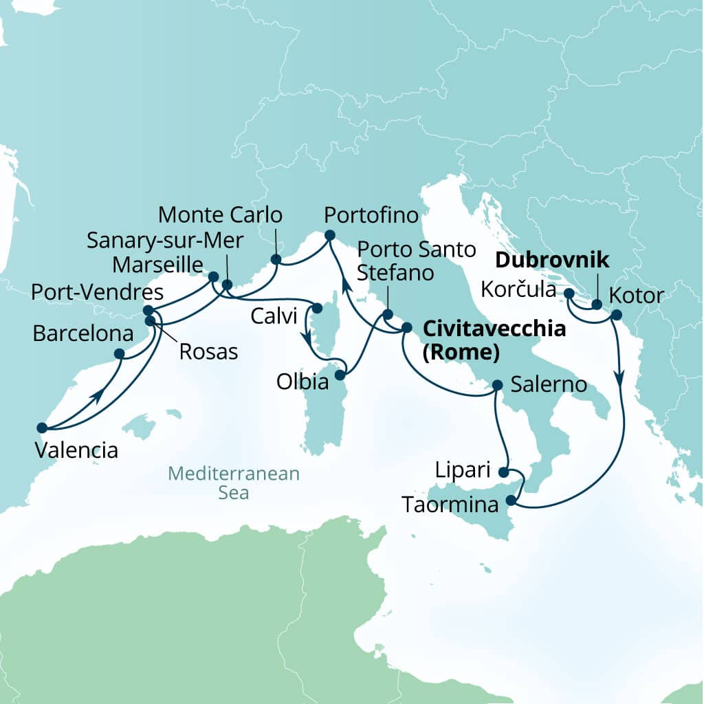 Seabourn Ovation 21-day Dubrovnik, Croatia to Civitavecchia (Rome), Italy itinerary map, September 11-October 2 2027