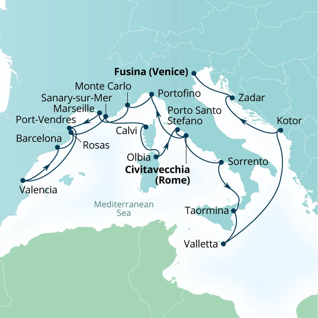 Seabourn Ovation 21-day Civitavecchia (Rome), Italy to Fusina (Venice), Italy itinerary map, September 18-October 9 2027