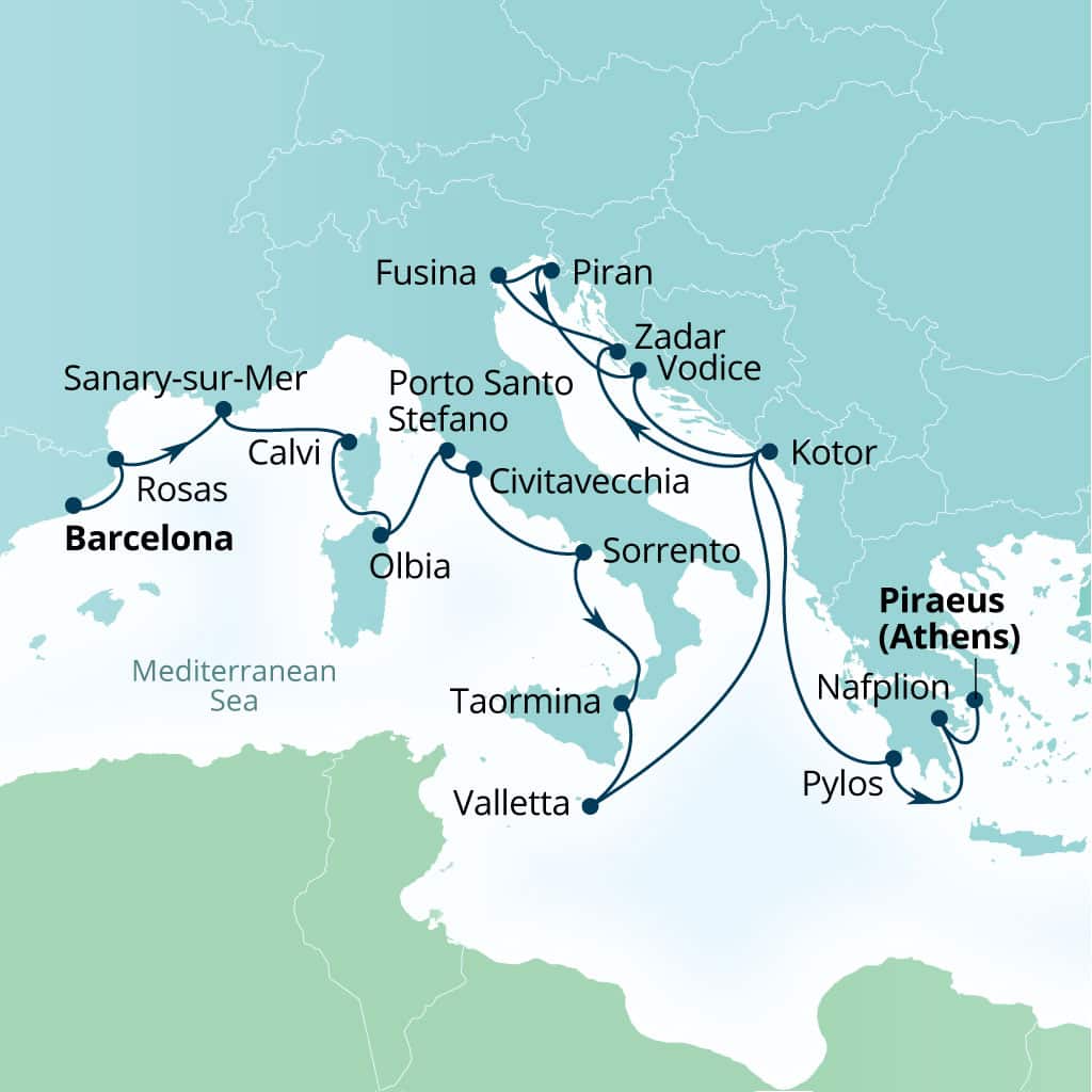 Seabourn Ovation 21-day Barcelona, Spain to Piraeus (Athens), Greece itinerary map, September 25-October 16 2027