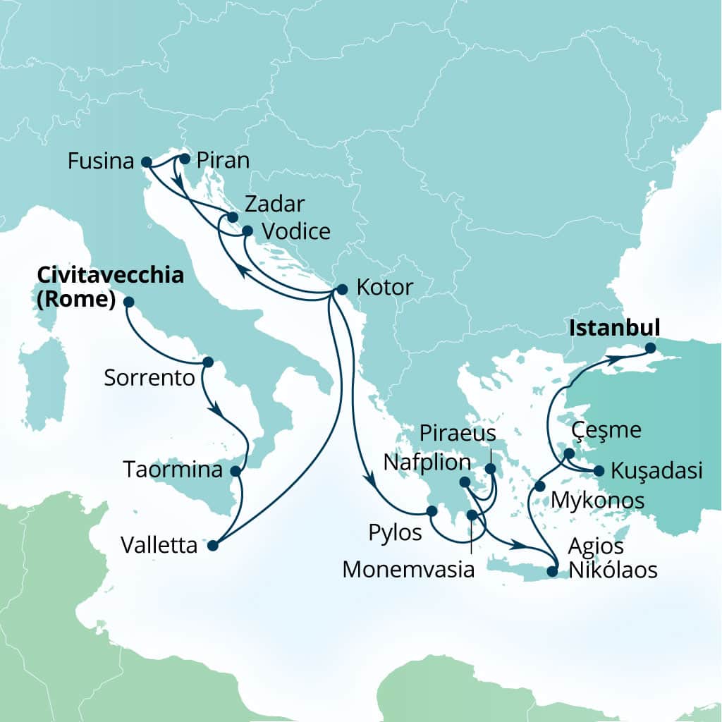 Seabourn Ovation 21-day Civitavecchia (Rome), Italy to Istanbul, Turkey itinerary map, October 2-23 2027