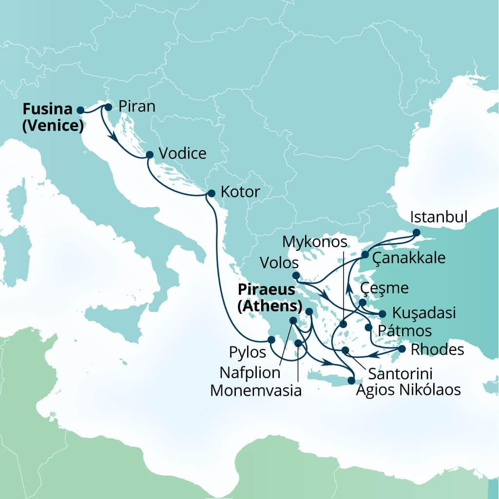 Seabourn Ovation 21-day Fusina (Venice), Italy to Piraeus (Athens), Greece itinerary map, October 9-30 2027