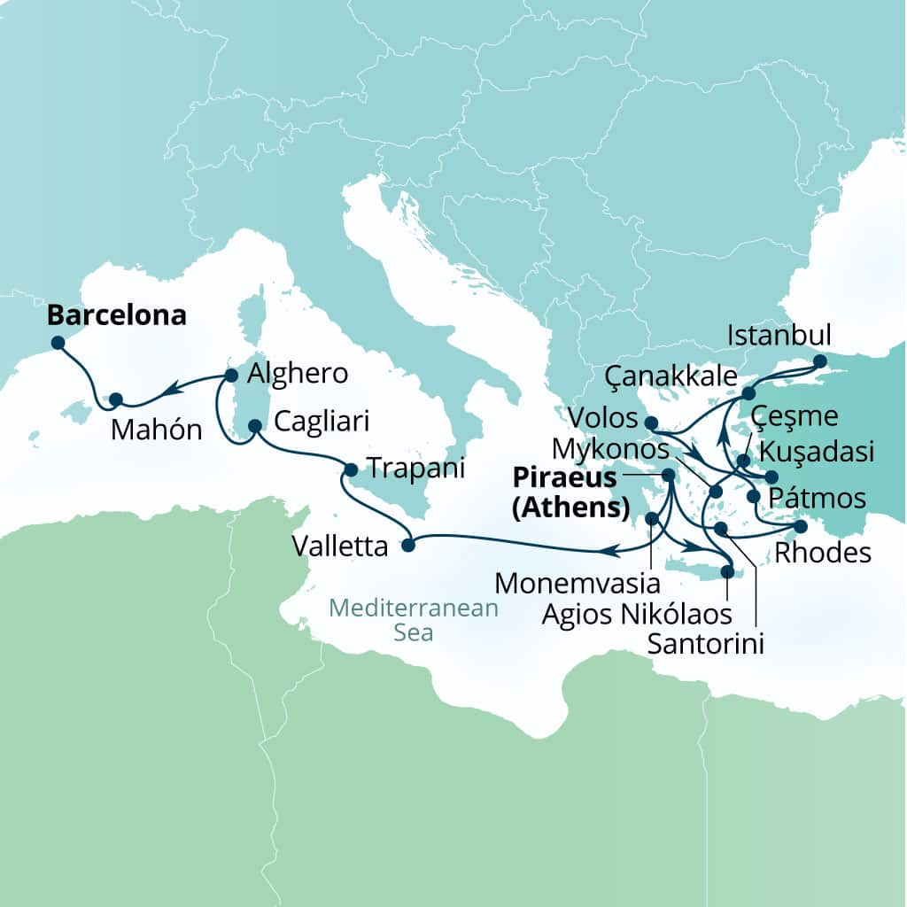 Seabourn Ovation 21-day Piraeus (Athens), Greece to Barcelona, Spain itinerary map, October 16-November 6 2027