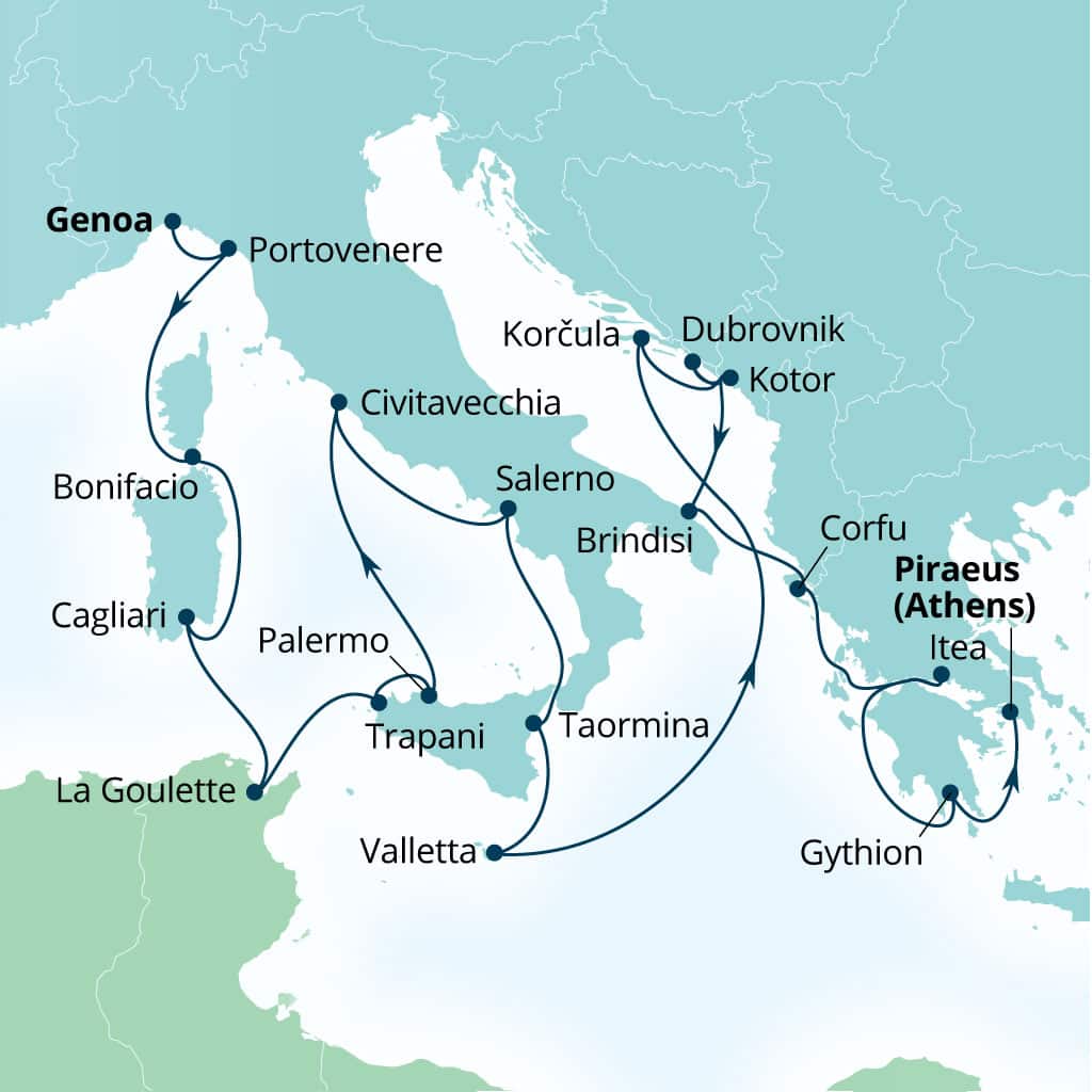 Seabourn Ovation 22-day Genoa, Italy to Piraeus (Athens), Greece itinerary map, April 30-May 22 2027