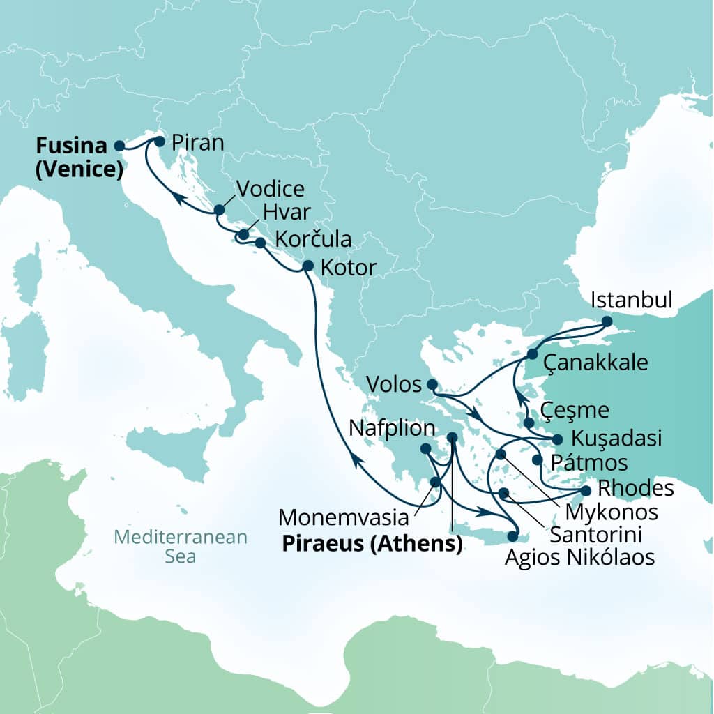Seabourn Ovation 22-day Piraeus (Athens), Greece to Fusina (Venice), Italy itinerary map, May 22-June 13 2027
