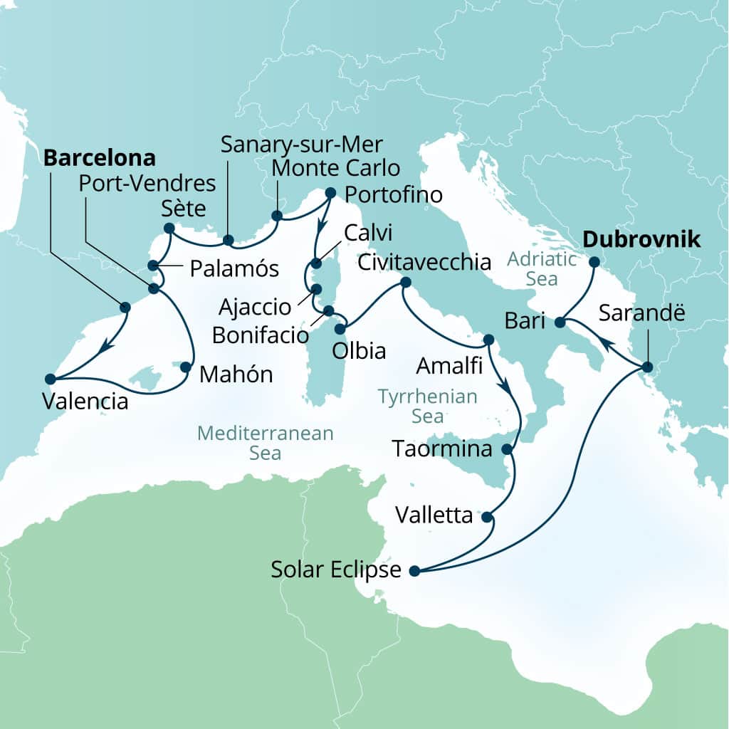 Seabourn Ovation 22-day Barcelona, Spain to Dubrovnik, Croatia itinerary map, July 15-August 6 2027