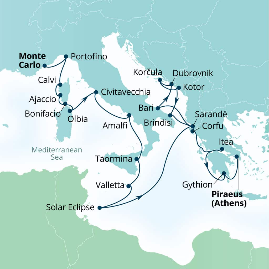 Seabourn Ovation 22-day Monte Carlo, Monaco to Piraeus (Athens), Greece itinerary map, July 23-August 14 2027