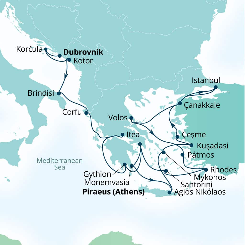 Seabourn Ovation 22-day Dubrovnik, Croatia to Piraeus (Athens), Greece itinerary map, August 6-28 2027