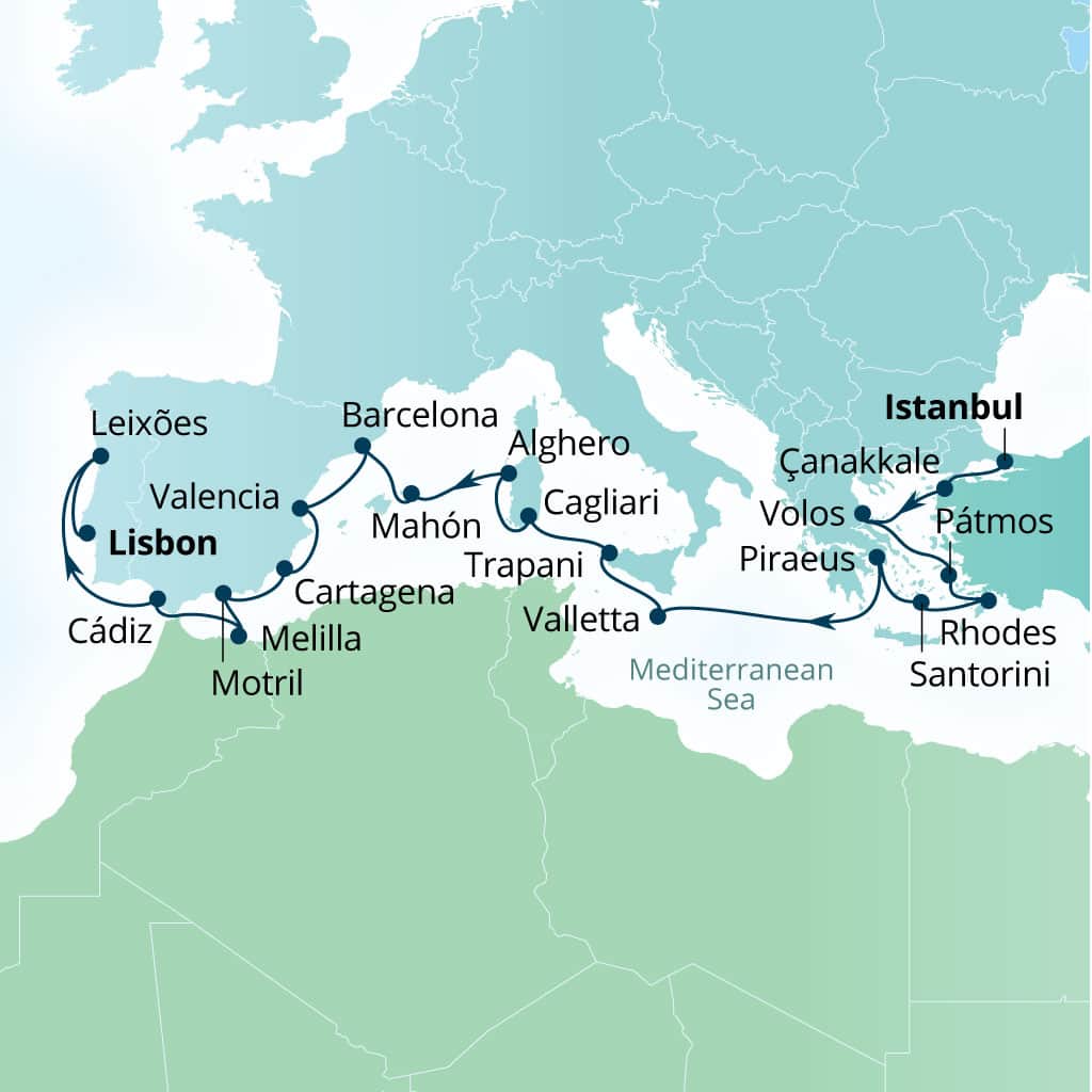Seabourn Ovation 22-day Istanbul, Turkey to Lisbon, Portugal itinerary map, October 23-November 14 2027