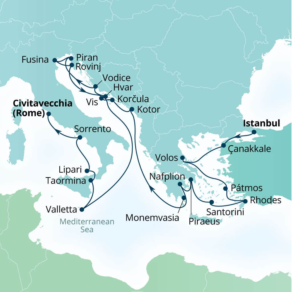 Seabourn Ovation 23-day Istanbul, Turkey to Civitavecchia (Rome), Italy itinerary map, May 29-June 21 2027