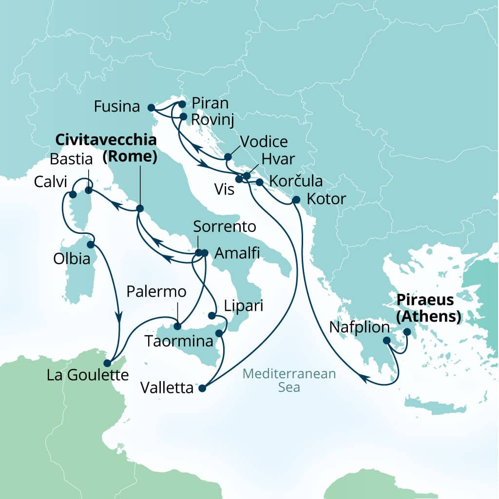 Seabourn Ovation 24-day Piraeus (Athens), Greece to Civitavecchia (Rome), Italy itinerary map, June 5-29 2027