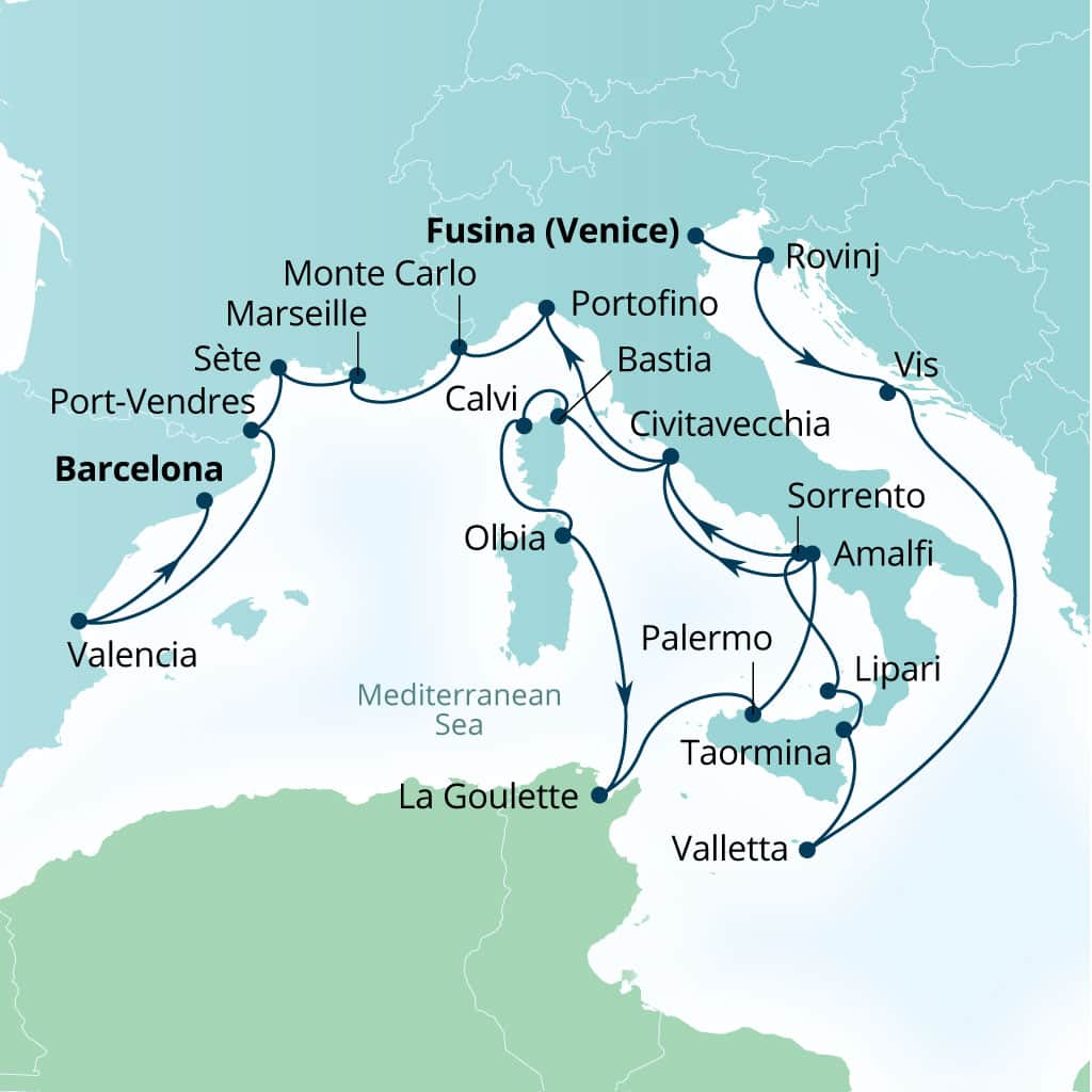 Seabourn Ovation 24-day Fusina (Venice), Italy to Barcelona, Spain itinerary map, June 13-July 7 2027