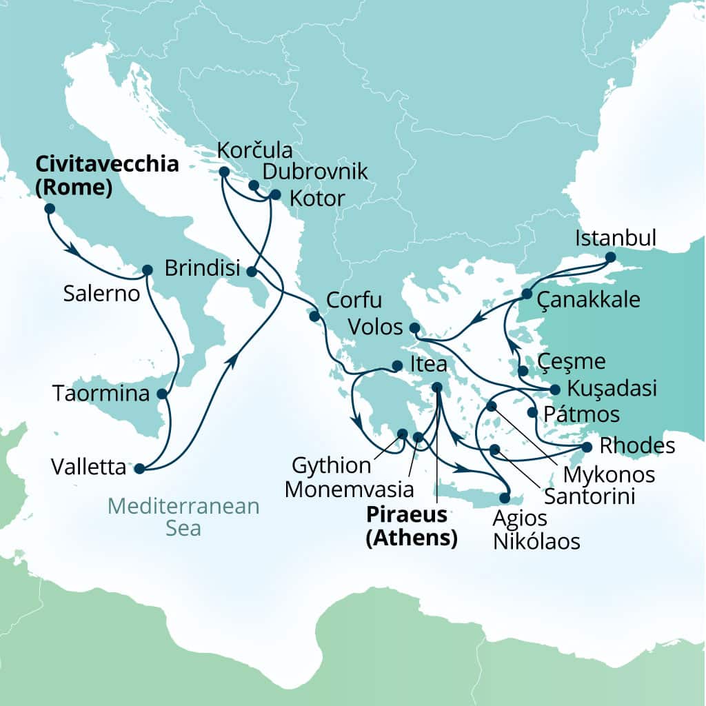 Seabourn Ovation 28-day Civitavecchia (Rome), Italy to Piraeus (Athens), Greece itinerary map, May 8-June 5 2027