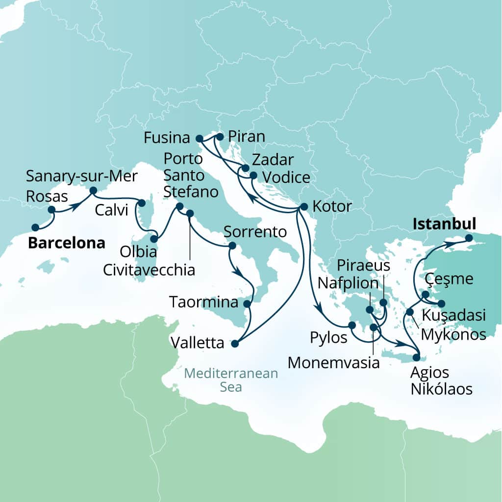 Seabourn Ovation 28-day Barcelona, Spain to Istanbul, Turkey itinerary map, September 25-October 23 2027