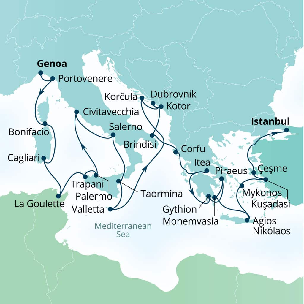 Seabourn Ovation 29-day Genoa, Italy to Istanbul, Turkey itinerary map, April 30-May 29 2027