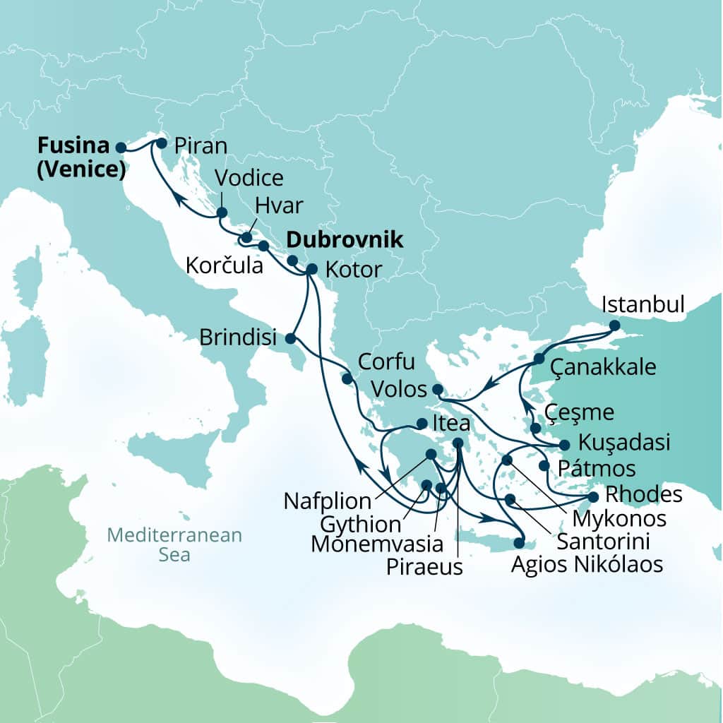 Seabourn Ovation 29-day Dubrovnik, Croatia to Fusina (Venice), Italy itinerary map, May 15-June 13 2027