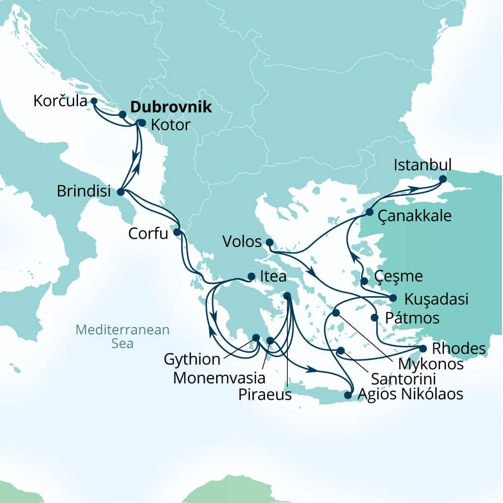 Seabourn Ovation 29-day Dubrovnik, Croatia to Dubrovnik, Croatia itinerary map, August 6-September 4 2027